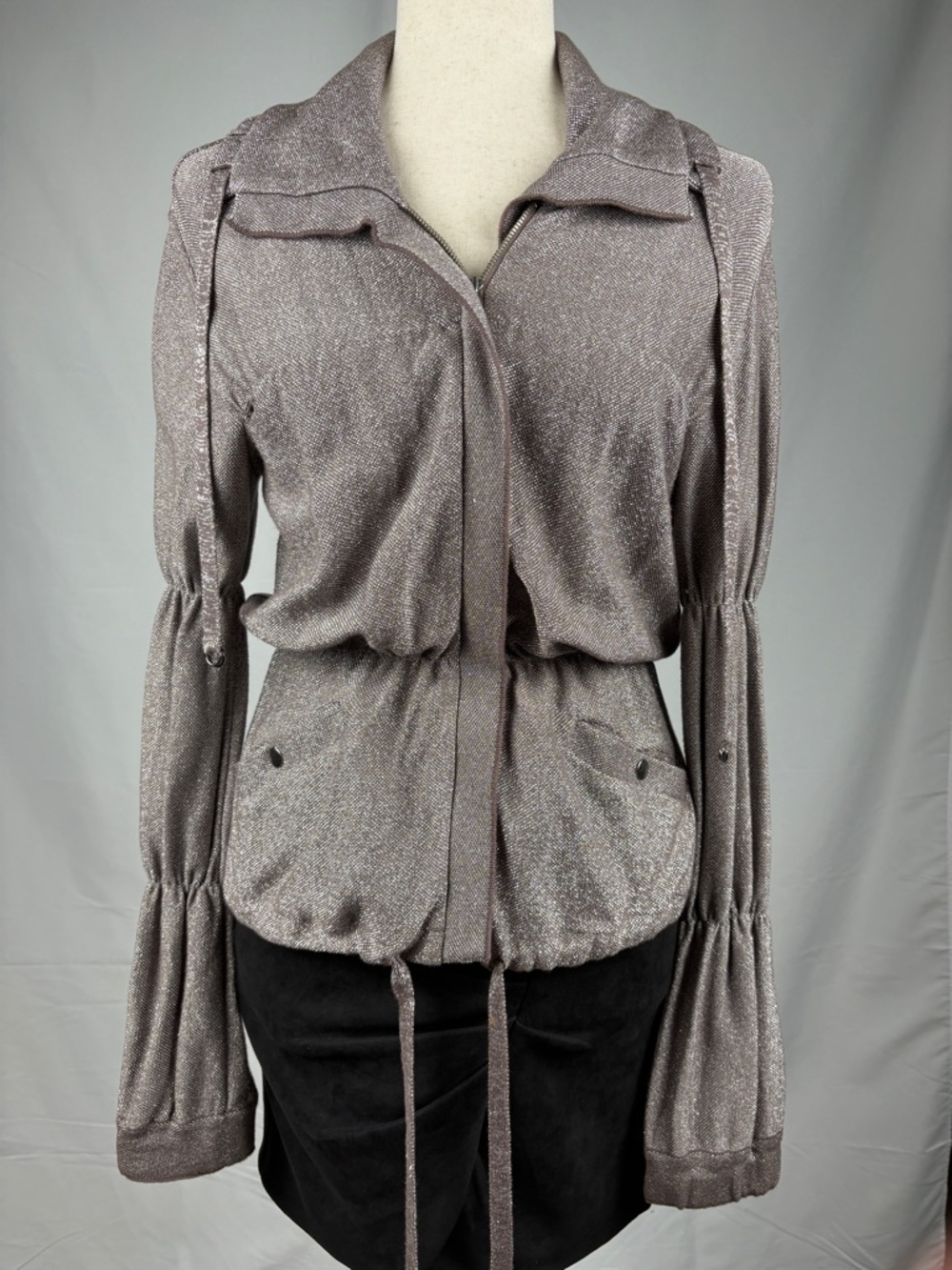 Coven Metallic Utility Jacket Cinched Waist Drawstring Brown Shimmer Jacket